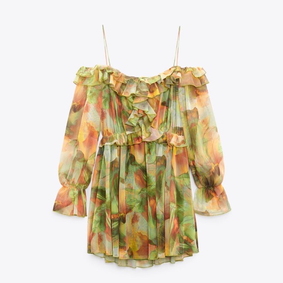 NWT Zara Printed Tulle Dress Green & Yellow - Picture 10 of 11